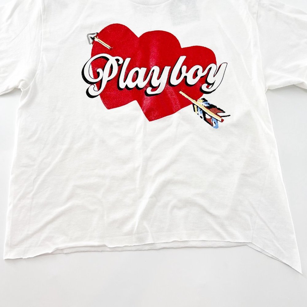 Playboy Heart Raw-Cut Hem Crop White T-shirt Top Size M NWT - Picture 6 of 7